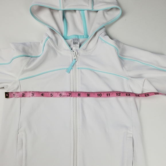 Athleta Girl White and Blue Zip Up Hooded Jacket With Thumbholes Medium 8-10 - Picture 9 of 11